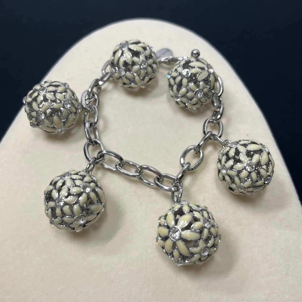 Ann Taylor Silver Tone Cream Enamel Floral Orb Rhinestone Charm Bracelet Toggle